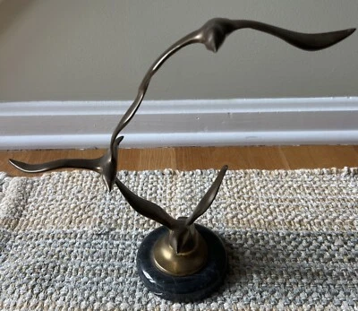 Vtg 3 Birds In Flight Brass Sculpture Black Base Seagulls MCM Statue READ - Image 1 of 4