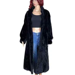 Vintage Faux Fur Coat Womens Large Black 70s/80s Union Made Long Reversible - Picture 1 of 15