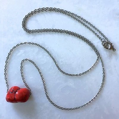 Red Howlite Necklace Nugget-Shaped Stone Pendant-22" Stainless Steel Chain - Image 1 of 3