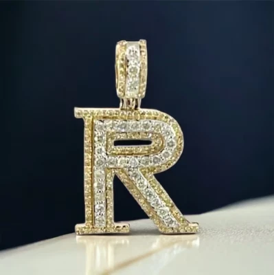 1.10Ct Round Cut Lab-Grown Diamond “R” Custom A-Z Letter Pendant 14K Yellow Gold - Image 1 of 4