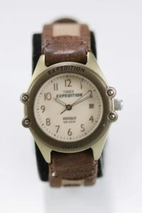 Timex Women Watch Stainless Gold Steel 50m Brown Beige Leather Light Date Quartz - Picture 1 of 6