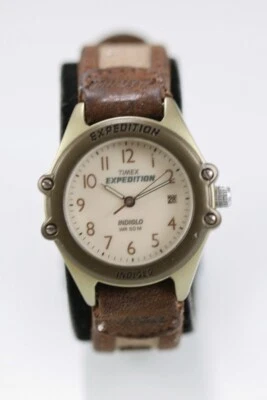 Timex Donna Orologio Acciaio Inox Oro 50m Marrone Beige Pelle Luce Data Quarzo - Immagine 1 di 4