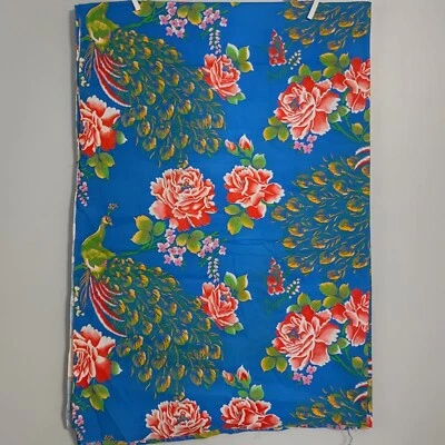 3 yds Vtg Concord Fabrics Vibrant Peacock Rose Floral Blue Background Cotton - Image 1 of 4