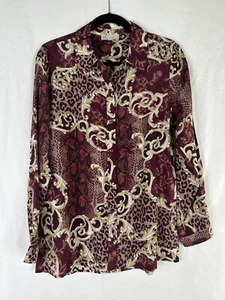 DG2 Diane Gilman Top Women Size M Red Gold Long Sleeve Button Up Silk Blend - Picture 1 of 14