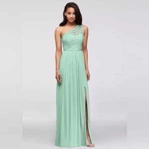 David's Bridal F17063 Mint Green One Shoulder Lace & Chiffon Maxi Dress NEW Sz 6 - Picture 1 of 13