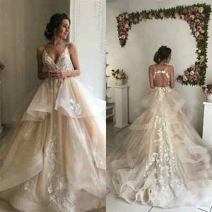 Champagne A-Line Wedding Dress V-Neck Appliques Lace Tulle Tiered Backless - Picture 1 of 8