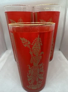 Set of 3 Vintage MCM Culver Glasses Red and Gold Hindu Goddess Highball Tumbler - Picture 1 of 4