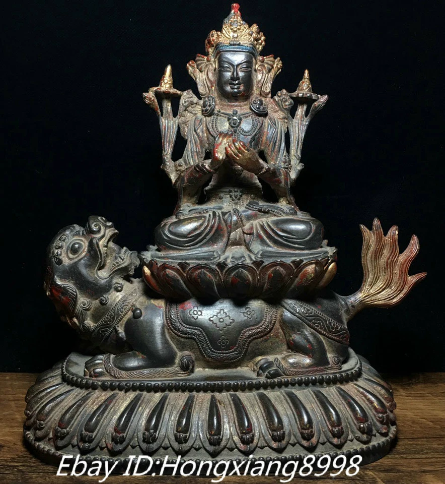 Estatua de Buda Diosa Tara Blanca Paseo León Bronce Puro Budismo Tibetano Antiguo 9"" Foto 1 de 4