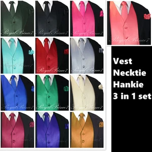 MEN SOLID PROM Tuxedo Suit Dress Vest Waistcoat & Neck Tie HANKIE Wedding 3 IN 1 - Picture 1 of 16
