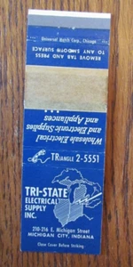 FUNDA TRASERA PEGAJOSA MATCHBOOK: TRI-STATE ELECTRIC MICHIGAN CITY EN CUBIERTA DE CERILLAS -C - Imagen 1 de 1