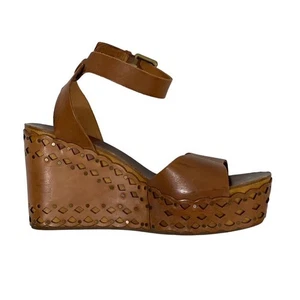 ASH Brown Leather Wedge Sandals Boho Studded Ankle Strap Women's Size 39 / US 8 - Picture 1 of 14