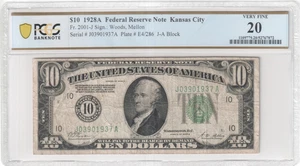 1928A $10 FRN ~ KANSAS CITY ~ GOLD / BIG 10 SEAL FR2001-J PCGS SN# J 0390 1937 A - Picture 1 of 2