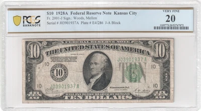 1928A $10 FRN ~ KANSAS CITY ~ GOLD / BIG 10 SEAL FR2001-J PCGS SN# J 0390 1937 A - Image 1 of 2