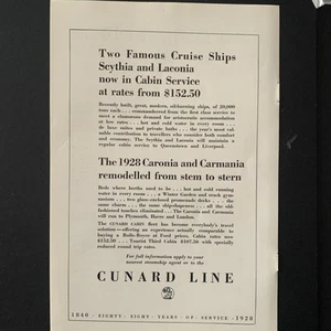 Vintage 1928 Cunard Line Seythia And Laconia Ad Advertisement - Imagen 1 de 2