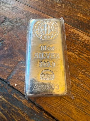 Barra de plata de refinería de metal Nadir de 10 onzas (10 oz AG) .999+ Foto 1 de 2