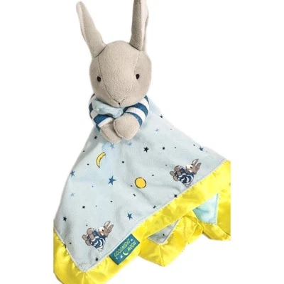 Goodnight Moon Bunny Baby Lovey Security Blanket Stars Moon Blue Yellow Satin - Image 1 of 4