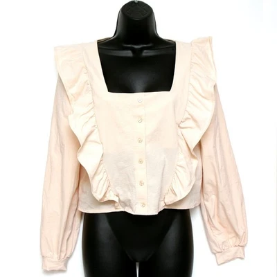 Mango Beige Button Ruffle Button Blouse Size 8 Eur 36 Boho Peasant 70s Style - Image 1 of 4