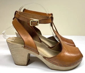 Swedish Hasbeens T Strap Open Toe Brown Leather Clogs Size 37 3" Heels Boho - Picture 1 of 12