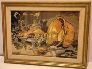 Vintage Needlepoint Tapestry Still of Life Fruits Framed Decorative - Picture 1 of 15