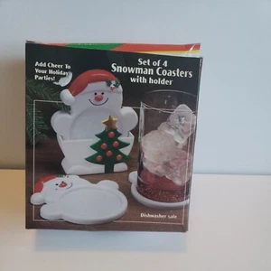 Set 4 Snowman Coasters W/Holder Plastic Vntg?? PreOwned. See Pic/Desc - Picture 1 of 7