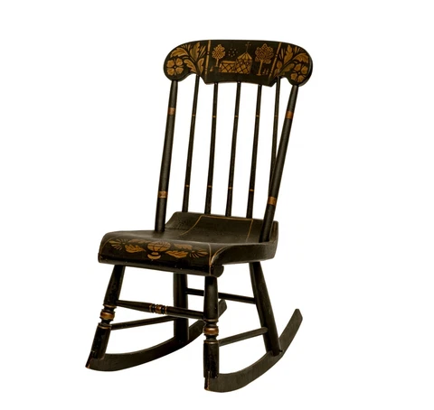 A Folk Art Tole Scene Painted Ebonized Rocking Chair Cover