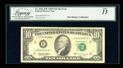 DBR 1995 $10 FRN Richmond STAR Fr. 2031-E* Legacy 15 Serial E00910319* - Image 1 of 2