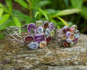 Sterling silver 925 gemstone bracelet and ring set amethyst topaz garnet - Picture 1 of 9