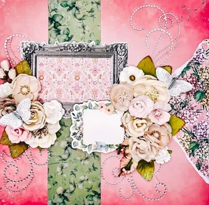 Handmade Fancy Shabby Chic Roses & Butterflies 12x12 Premade Scrapbook Page - Picture 1 of 3