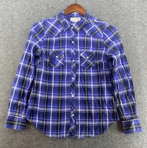 OP Ocean Pacific Pearl Snap Women’s Jr Shirt Size 7/9 Medium Blue Plaid Western - Picture 1 of 9