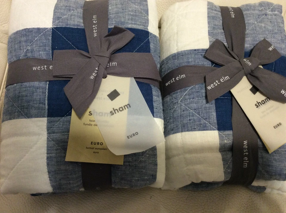 West Elm 2 Heather Taylor Home Rev Gingham Euro Linen Qltd Euro Shams Dark Blue - Image 1 of 1