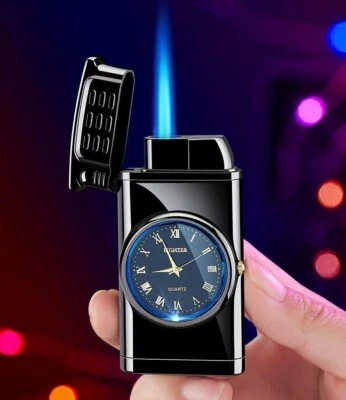 SHOPELEGANCE Clock Jet Gas Flashlight Lighter Windproof Cigar Drill Lighter Smoking Chill