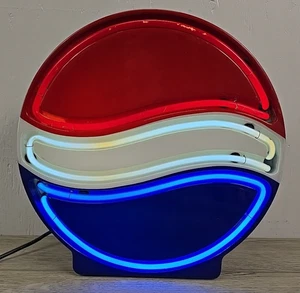 Vintage Fallon Pepsi Cola Red White Blue Neon Lighted Sign - 15 Inch Diameter - Picture 1 of 15