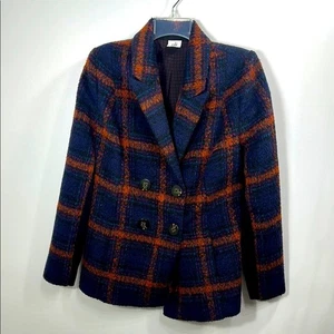 Cabi Checkmate Merry Plaid Navy Orange double breasted wool blend blazer medium - Picture 1 of 8