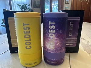 Menge 2 kälteste Premium 12 Unzen Slim Solar Gelb Astro Lila Coldie Dosenkühler NEU - Bild 1 von 1
