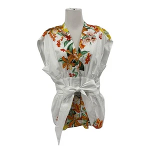 Neu mit Etikett WHBM Dschungel Blumen Top Bindeband Taille Schößchen Top Weiß Haus Schwarzmarkt Gr. L - Bild 1 von 17
