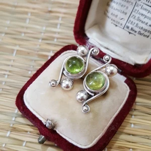 Vintage 925 Sterling Silver Stud Earrings, Natural Green Peridot Studs - Picture 1 of 7