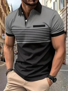 Fashion Striped Men Casual Color Block Short Sleeve Lapel Golf T-Shirt Gray New - Picture 1 of 2