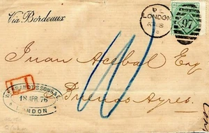 GB LATE FEE 1d Paid ARGENTINA MAIL Cover London 1s Rate 1876 Buenos Aires L27a - Picture 1 of 12
