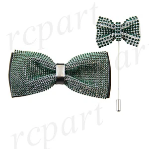New in box Men's bowtie lapel pin 2 piece set crystal Green wedding formal prom - Picture 1 of 4