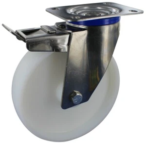 Stainless steel castors swivel castor with brake ø160mm polyamide plate fitting - Picture 1 of 2