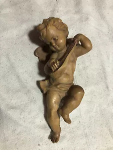Figura de madera ángel con laúd hecho a mano talla en madera sin pintar, siglo XX. - Imagen 1 de 3