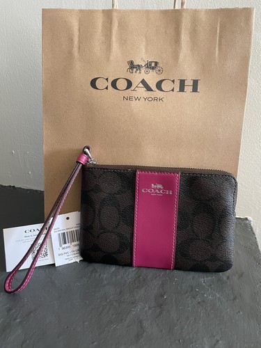 "Coach nuovo con etichette J2391 Polso con cerniera ad angolo firmato in pelle piccola marrone rosa 6""x4"""