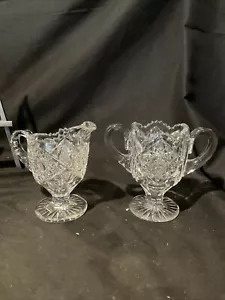 early american brilliant cut glass Set Of Sugar And Creamer Hobstar - Picture 1 of 11