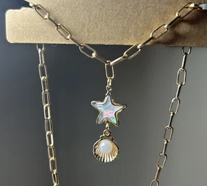 Boho Glam Style Star Shell Clam w/Pearl Drop Charm Necklace - Picture 1 of 6