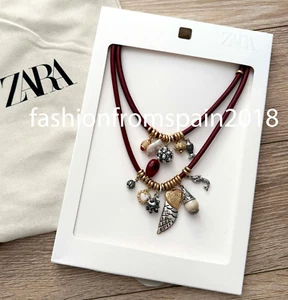 ZARA NEW WOMAN 2-PACK OF CORD CHARM NECKLACES BURGUNDY 4548/029/606 - Picture 1 of 2