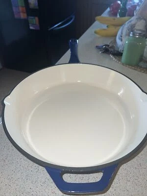 Cooks Essentials Cast Iron Enamel Blue & White Cooking Frying Pan Skillet 13” - Image 1 of 3