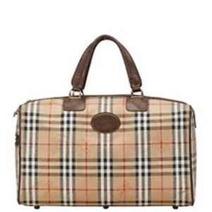 Burberry Boston Bag Beige Haymarket Nova Leather Used Work from Japan - Picture 1 of 10