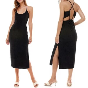 NEW Wayf BLACK Winona TERRY CLOTH Lace-Up Back MIDI Beach SLIT DRESS M - Picture 1 of 7