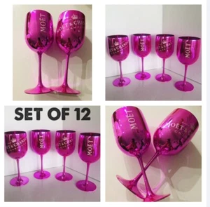Set of 12 Moet & Chandon Shiny Pink Acrylic Champagne Goblet Cup Glasses - Picture 1 of 9