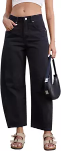 Mid Rise Barrel Jeans for Women Wide Leg Mid Waist Cropped Denim Pants Y2K Baggy - Picture 1 of 12
